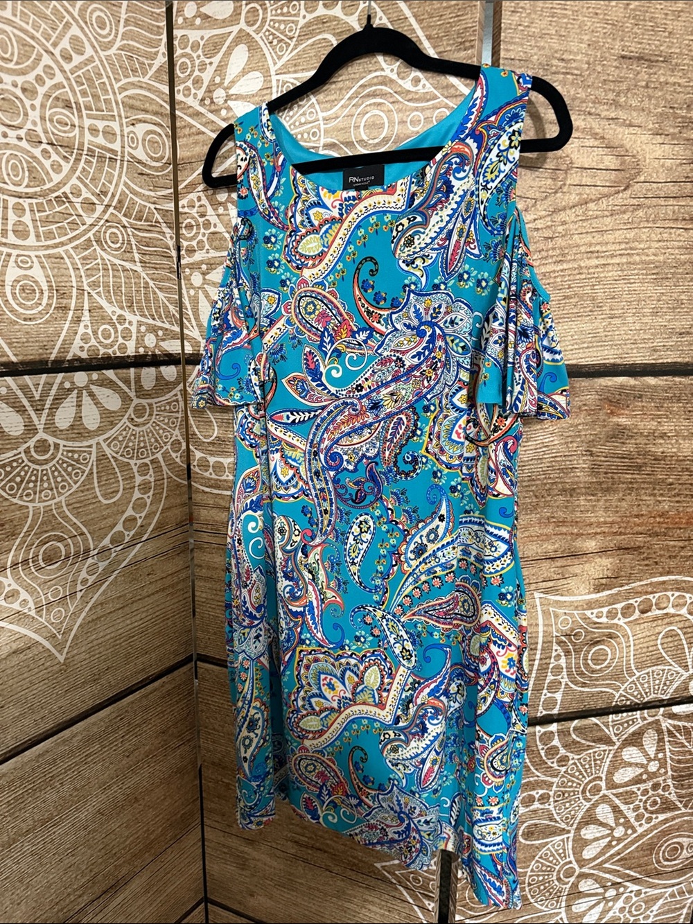 Ronni Nicole Turquoise Multicolor Paisley Cold-Shoulder Mini Dress